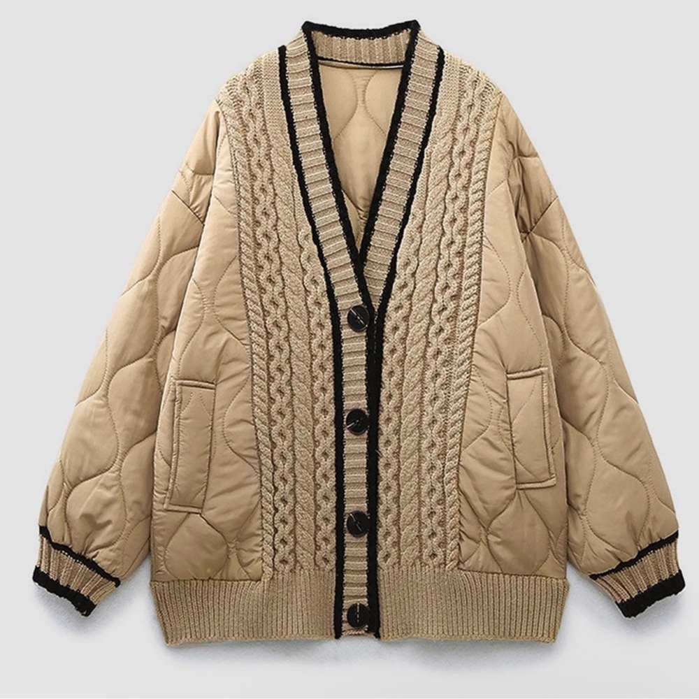 COMMENSE Braided Quilted Oversized Cardigan Coat Jacket L Beige Tan Black Trim